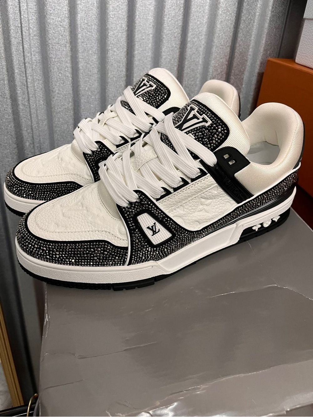 Louis Vuitton White & Black Crystal-Embellished Low-Top Sneakers
